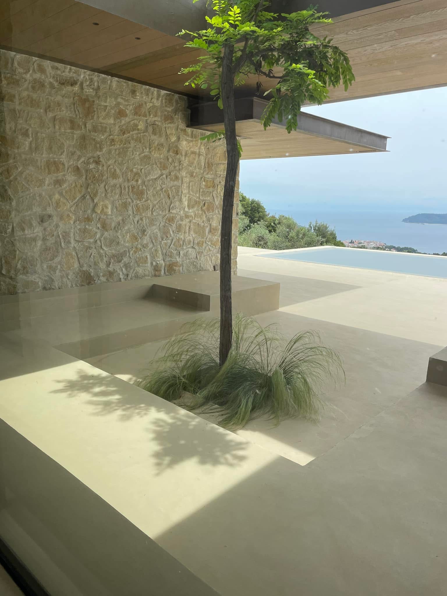 Light microcement terrace with built-in seating around a courtyard tree